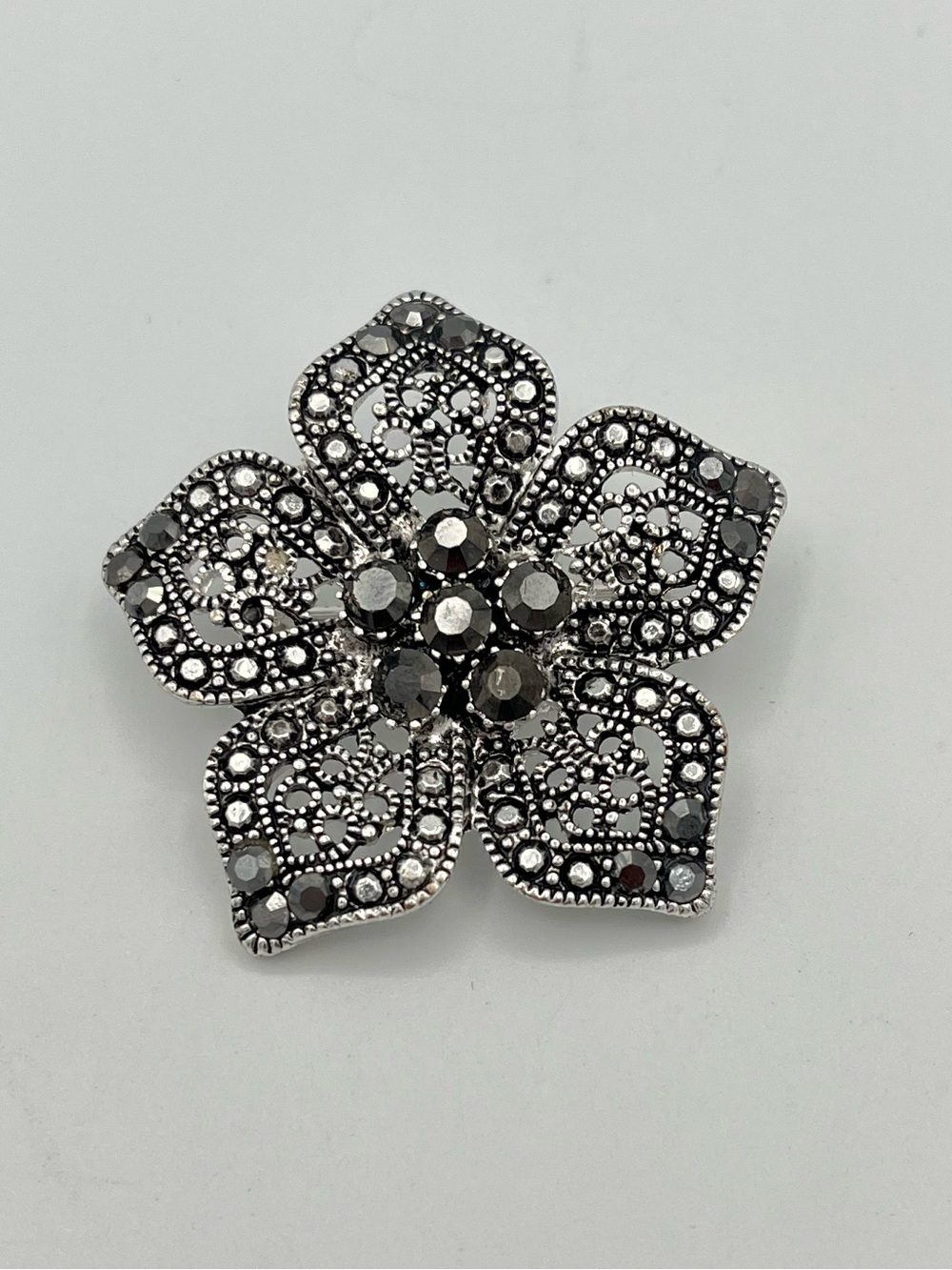 Vintage Silver Tone Marcasite Filigree Flower Brooch Pin